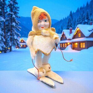 Vintage 1950s Putz Red Hair Skiing Elf Pixie Ornament Chenille Felt Mica Snow